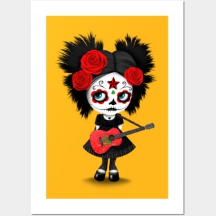 Sugar Skull Girl Playing Moroccan Flag Guitar Posters and Art